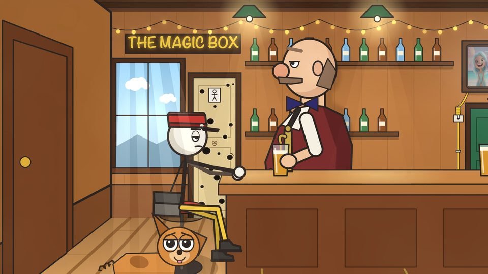 Stickler, Bit and Pete at the Magic Box bar